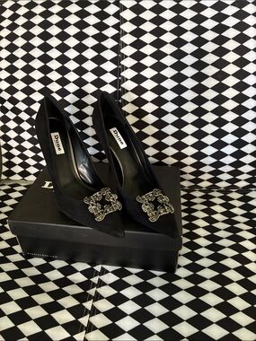 Dune London Black Suede Pointed Heels with Crystal-Embellished Buckle